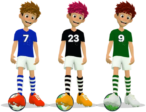 Three players in different kits, hair colors and shirt numbers